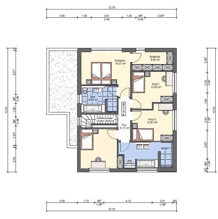 Floor plan of one level with bedroom, dressing room, two kids’ rooms, bathroom, hallway, and kitchen.