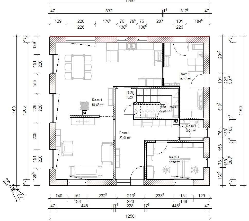 Grundriss eines Hauses: Offener Wohn- und Essbereich, Küche, Schlafzimmer, Treppenhaus.