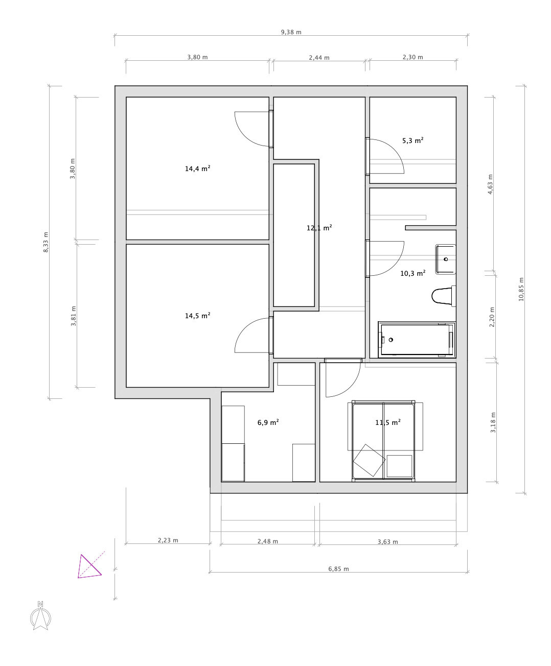 Floor plan of a residential house with several rooms and dimensional information.