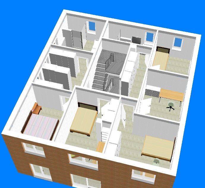 Isometrischer 3D-Grundriss einer Wohnung mit Schlafzimmern, Arbeitsbereich und Treppenhaus.