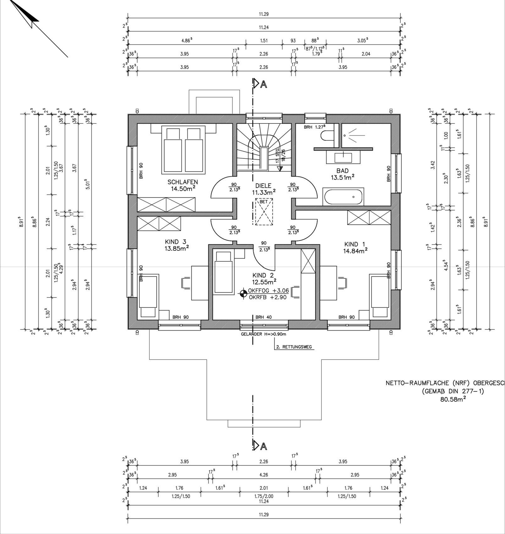 Detailed floor plan of a residential house with bedrooms, children’s rooms, bathroom, and hallway.