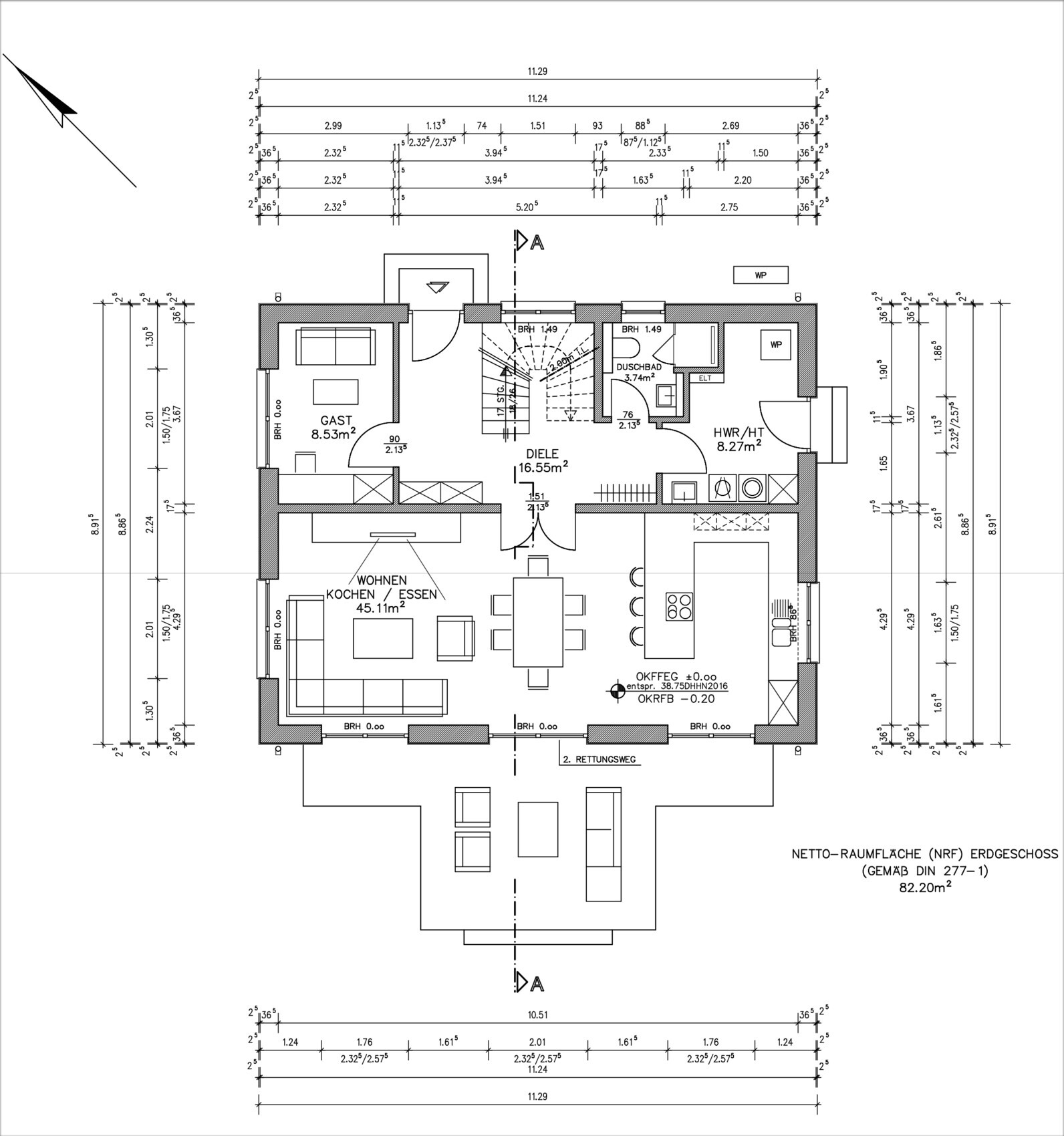 Ground floor plan: open living/cooking/dining area, guest room, hallway, shower bathroom, utility room, terrace.