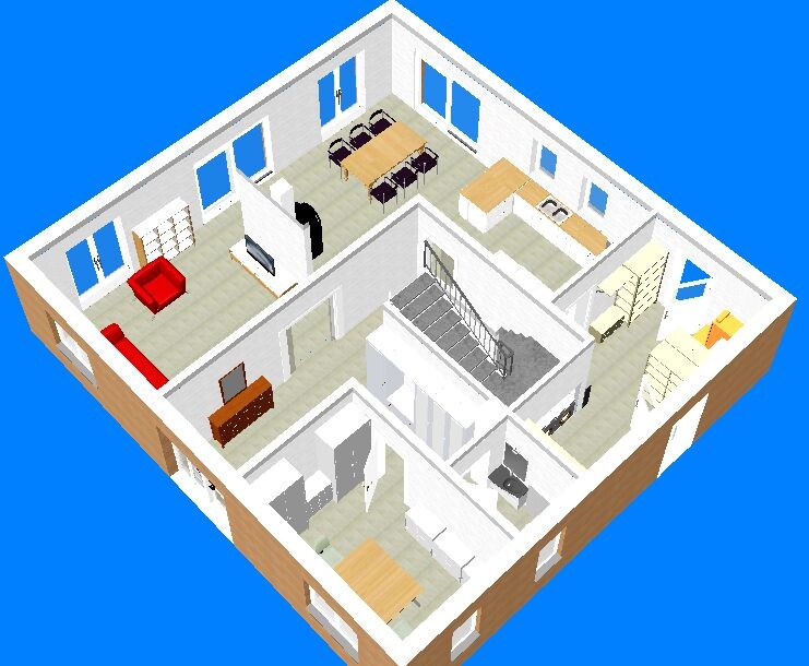 Isometrischer Grundriss eines Hauses: Wohnzimmer, Esszimmer, Küche, Treppe und weitere Räume.