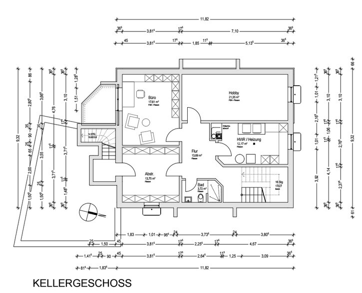 Basement floor plan with office, hobby room, storage, hallway, bathroom, and utility/heating room.