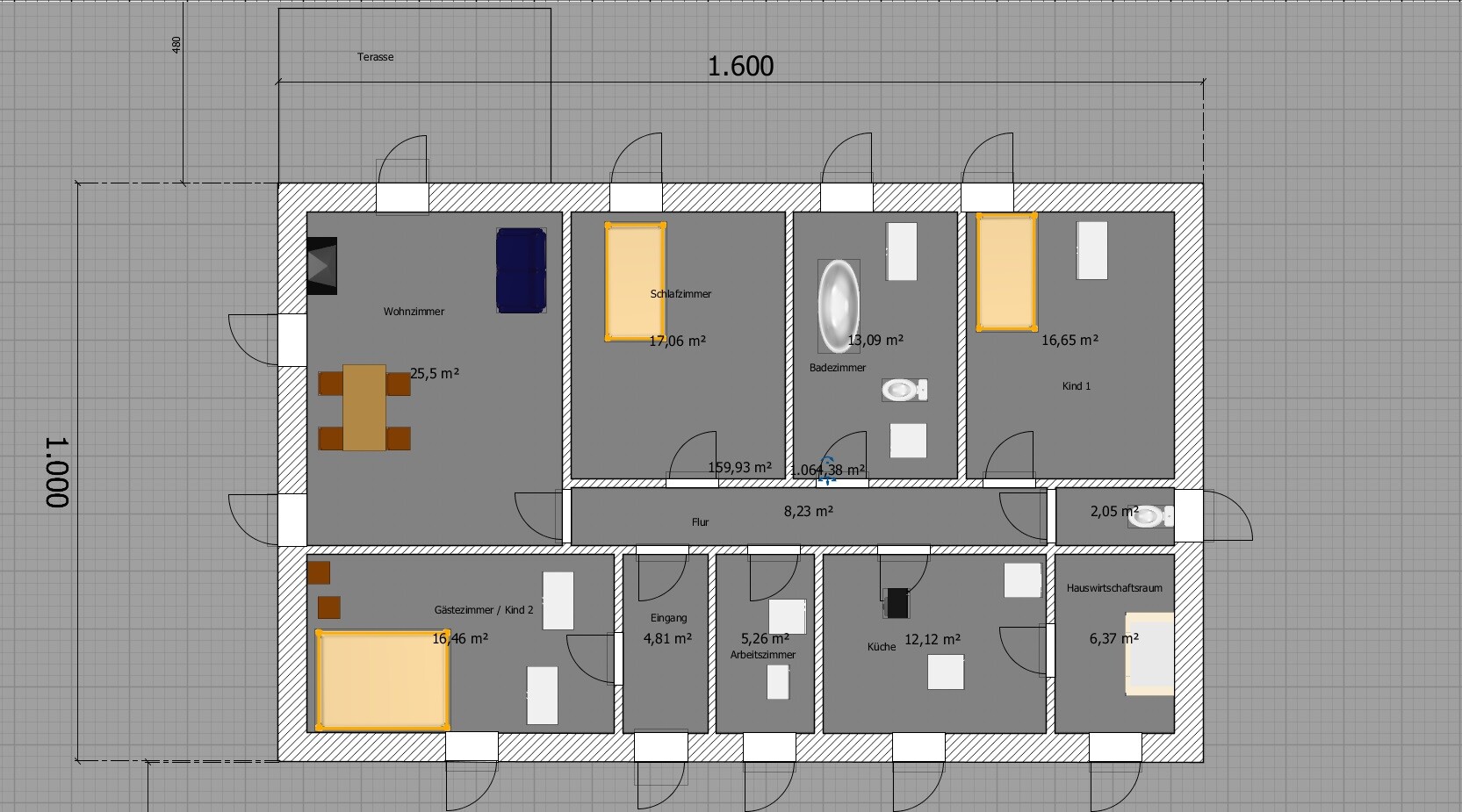 Floor plan of a house with living room, kitchen, hallway, bathroom, bedroom, guest/children’s room, terrace.