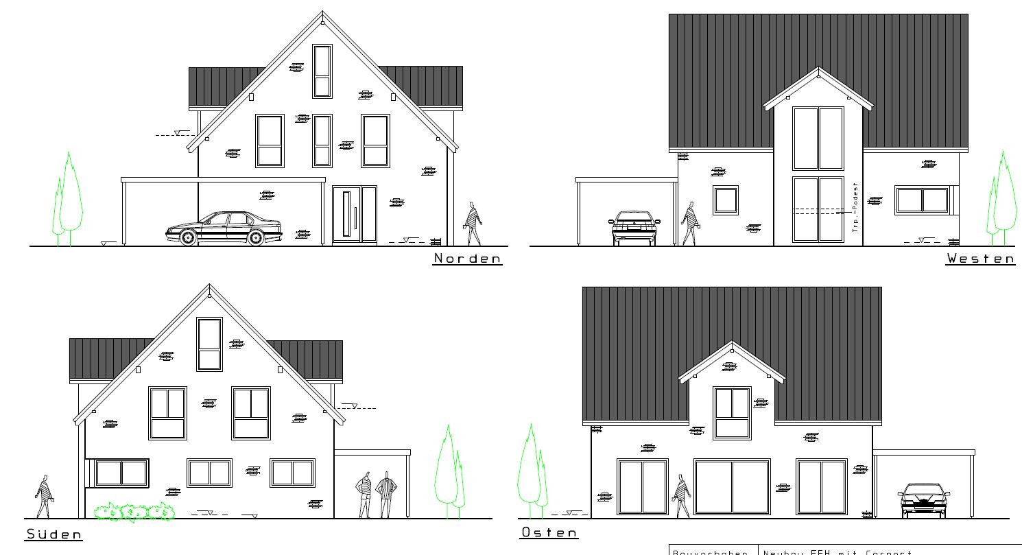 Four facades of a modern house (north, east, south, west) with carport, cars, people.
