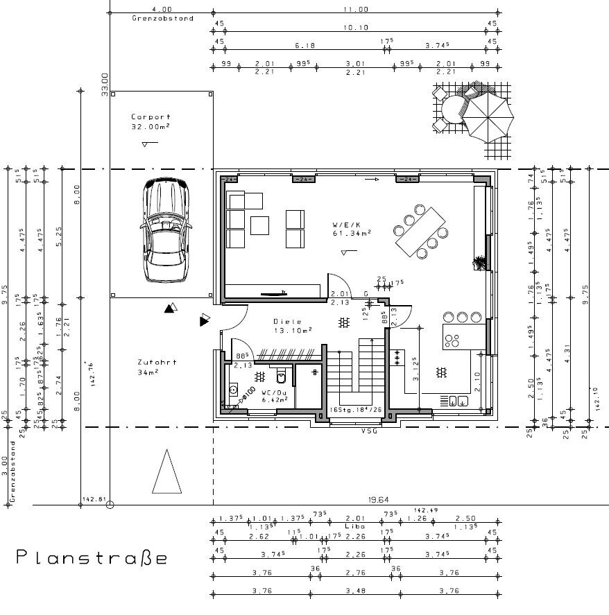 Floor plan of a house: carport, driveway, entrance hall, WC, living/dining area, kitchen, stairs, terrace.
