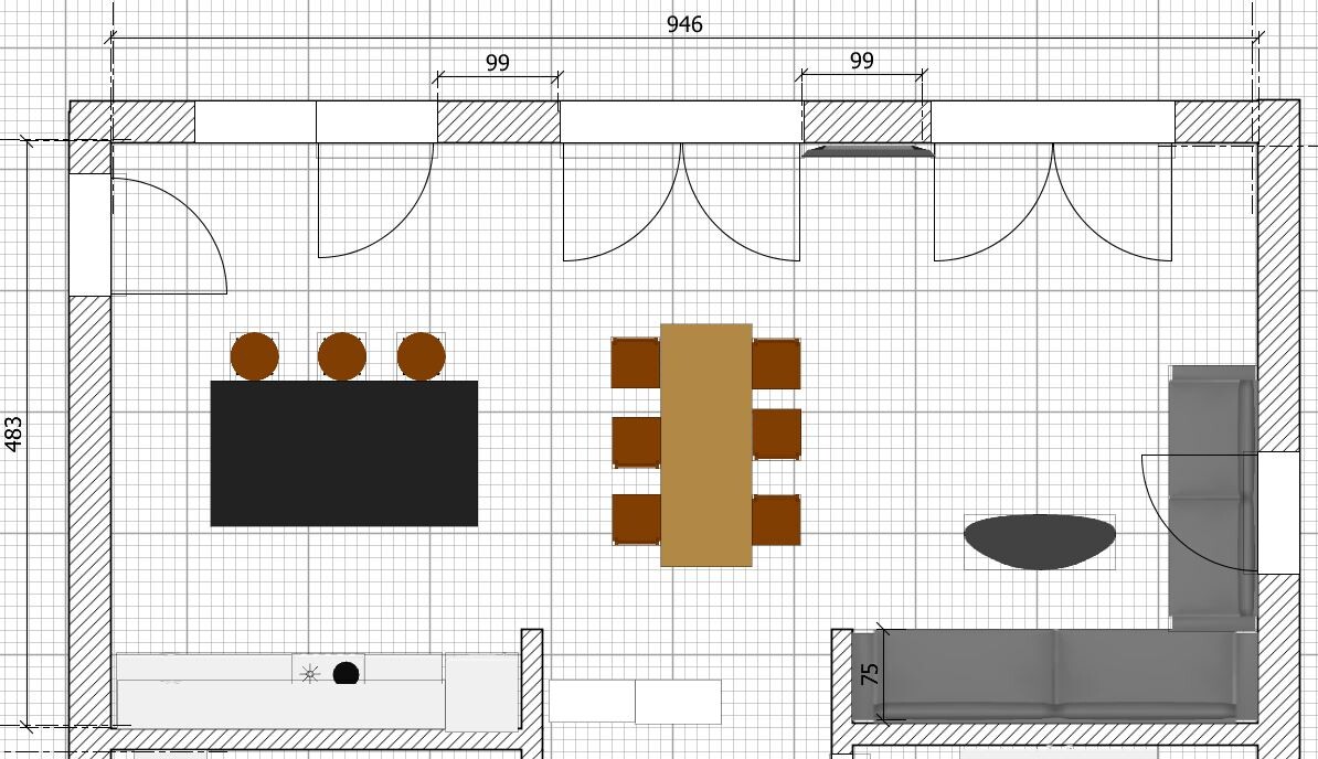 Floor plan of a living and working space with dining table, lounge sofa, and workspace.