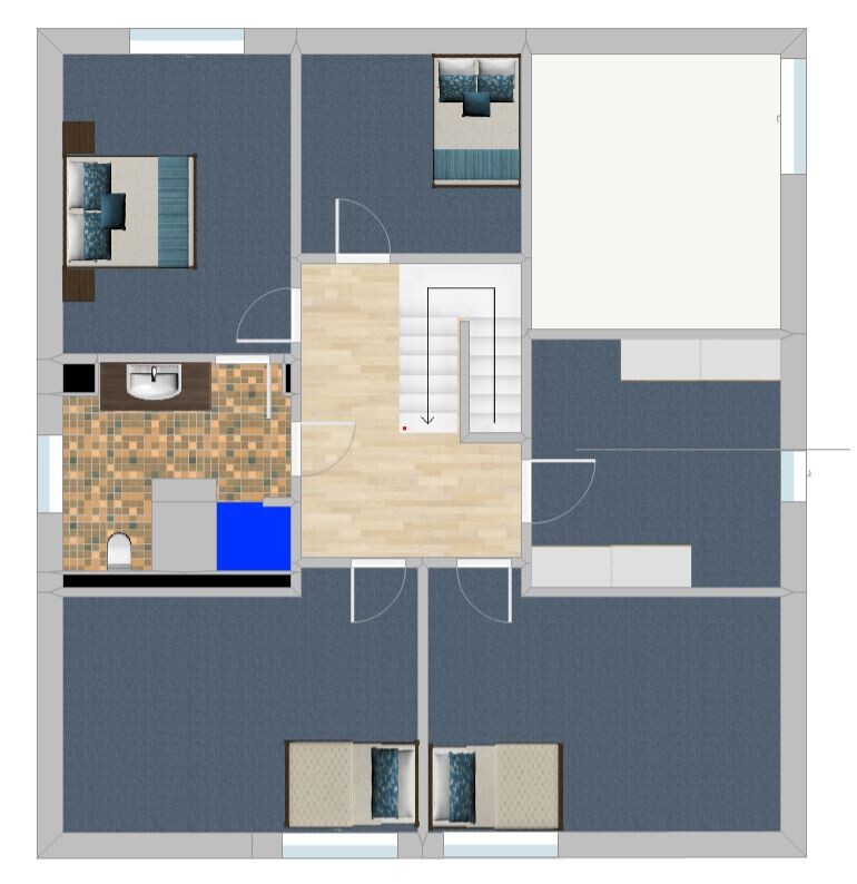 Ground floor plan of a house: central staircase, bathroom, kitchen, hallway, and several bedrooms.