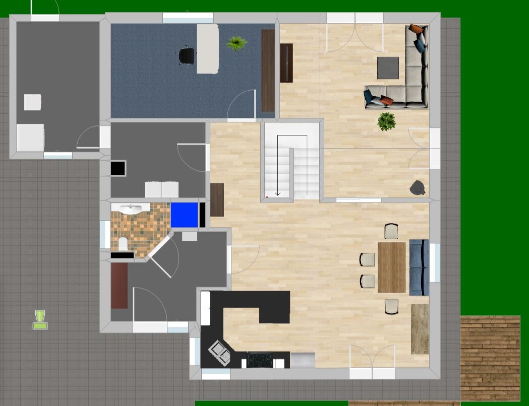 House floor plan from above: living room, kitchen, dining area, bathroom, hallway, staircase, garden.