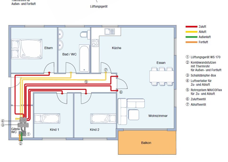Floor plan of an apartment with colored ventilation ducts, kitchen, bathroom, living room, and balcony.