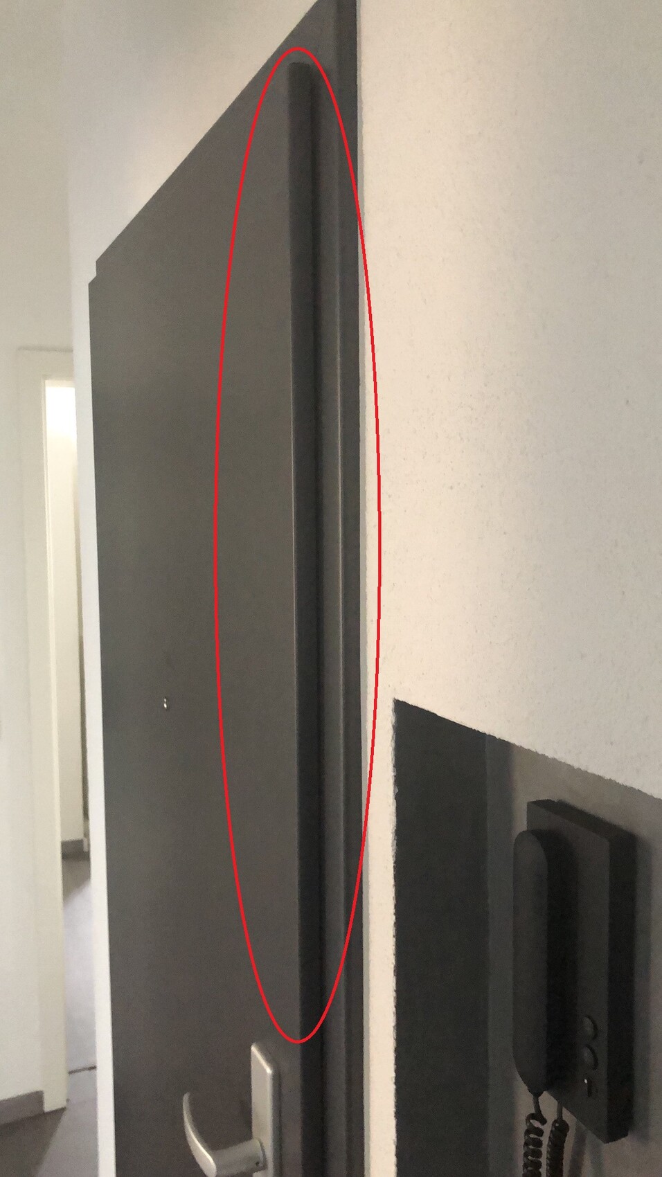 Gray door slightly open; red oval highlights the gap between the door leaf and frame.
