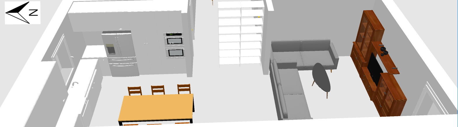 Open kitchen on the left with fridge and oven; living room on the right with sofa and TV cabinet.