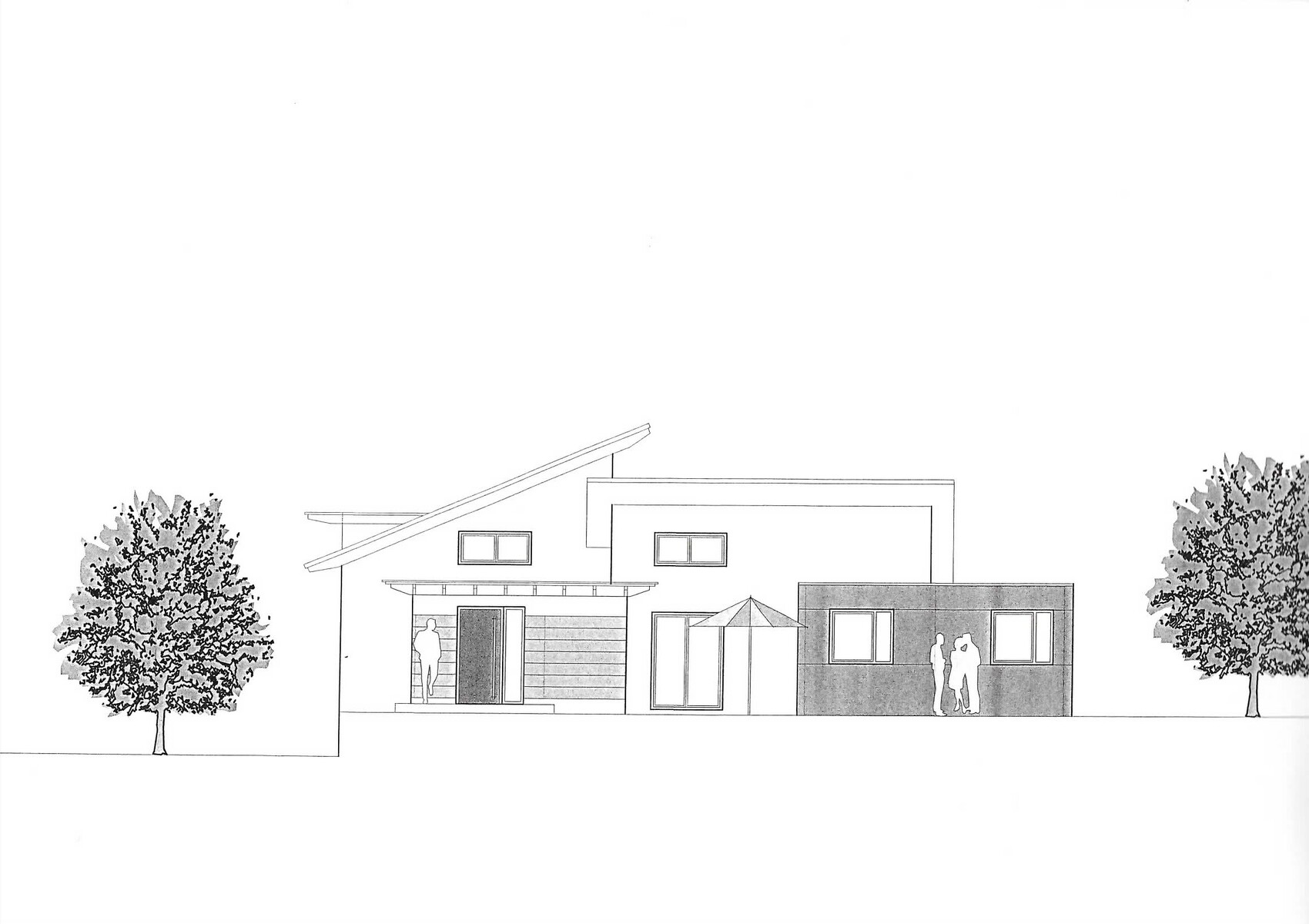 Modern house front with sloping roof, terrace, windows, and two people in front of the entrance.