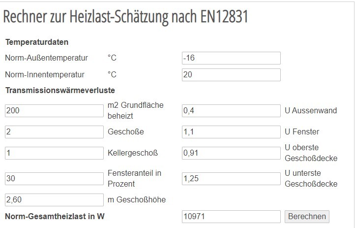 Screenshot eines Heizlast-Rechners EN12831 mit Feldern zu Temperaturen, Fläche und U-Werten.