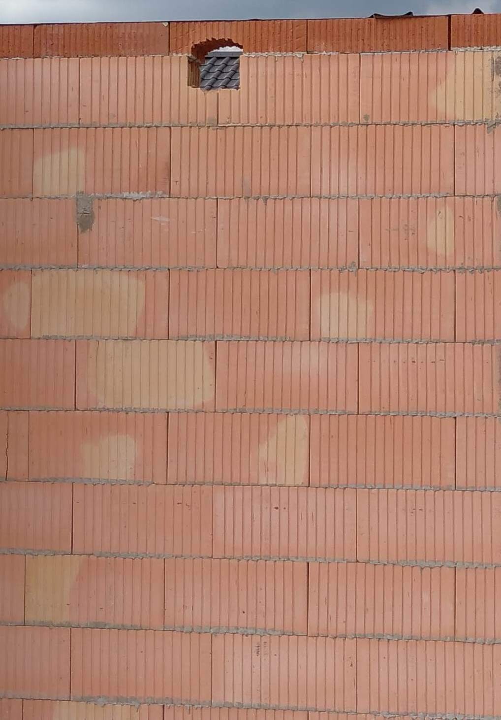 Red brick wall with a small upper hole; behind are dark roof tiles visible.