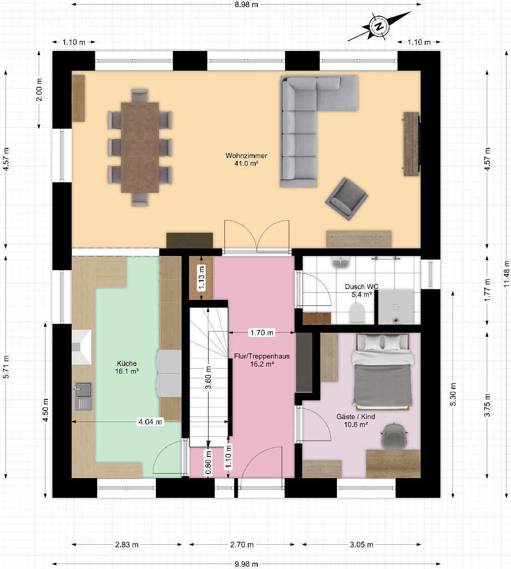 Floor plan of a house with living room, kitchen, hallway/staircase, shower/toilet and guest/child room.