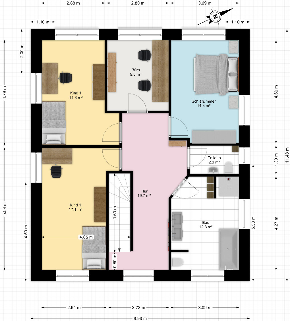 Floor plan of a residential building: hallway, two children’s rooms, office, bedroom, bathroom and toilet.
