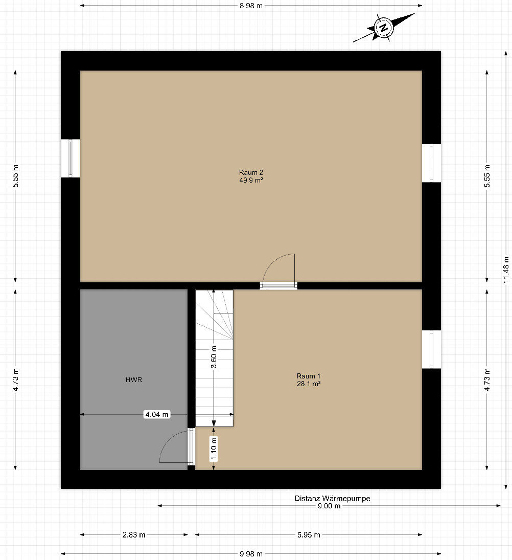 Floor plan of a building: two interior rooms (room 1, room 2), utility room, stairs, door, compass.