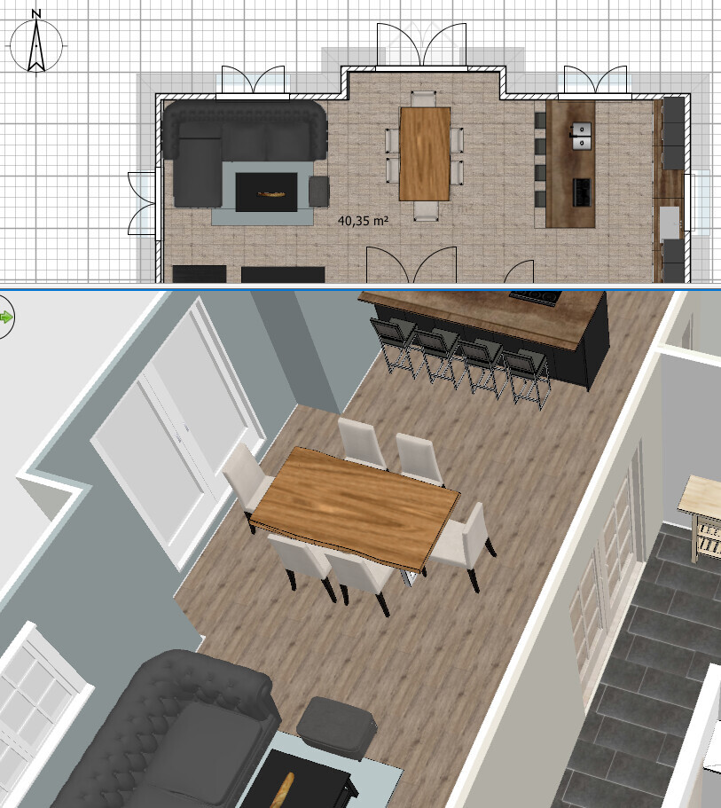 Open living and dining area with sofa, fireplace, dining table, and kitchen island; floor plan and 3D view