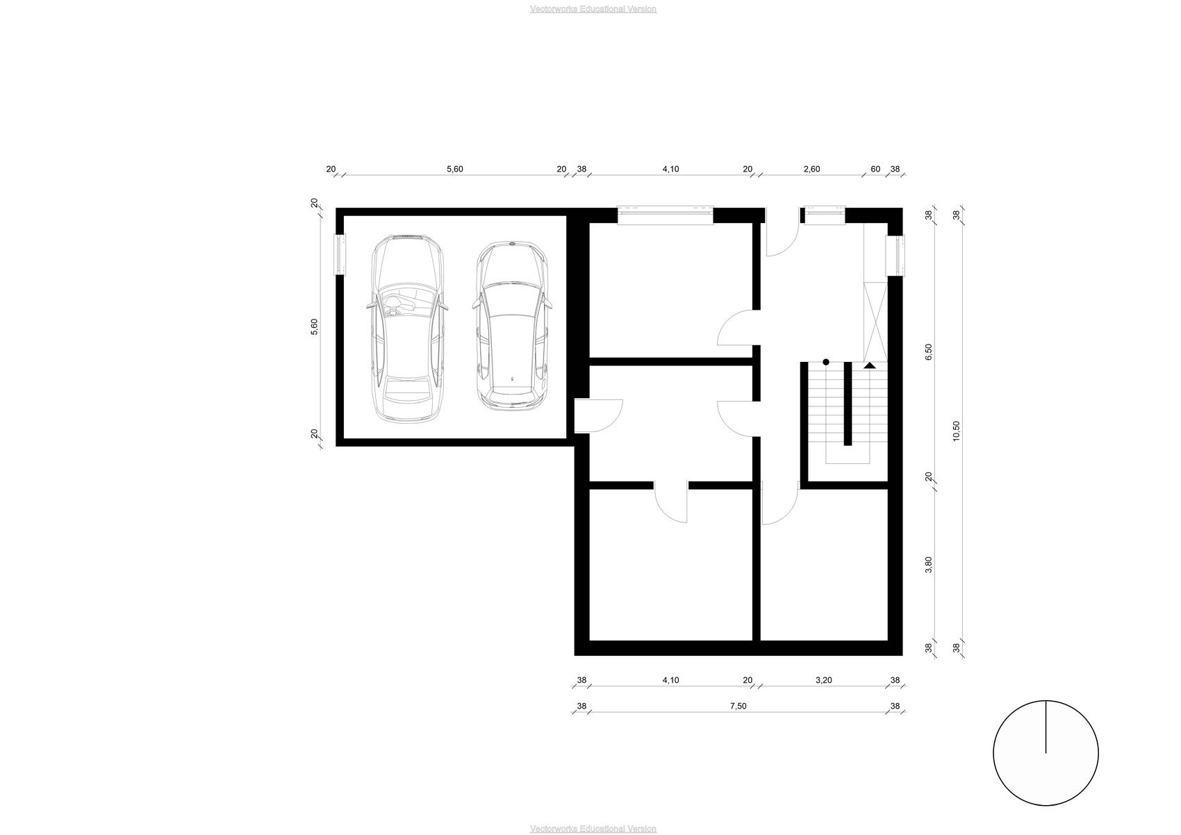 Floor plan of a house: double garage on the left, hallway, stairwell and several rooms on the right.