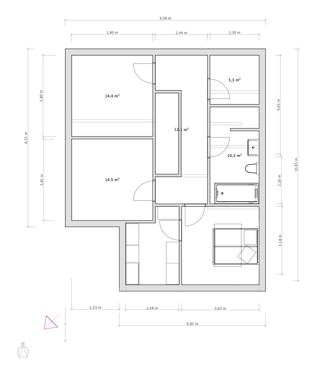 Floor plan of an apartment with several rooms, bathroom, kitchen, and hallway; area measurements in m².