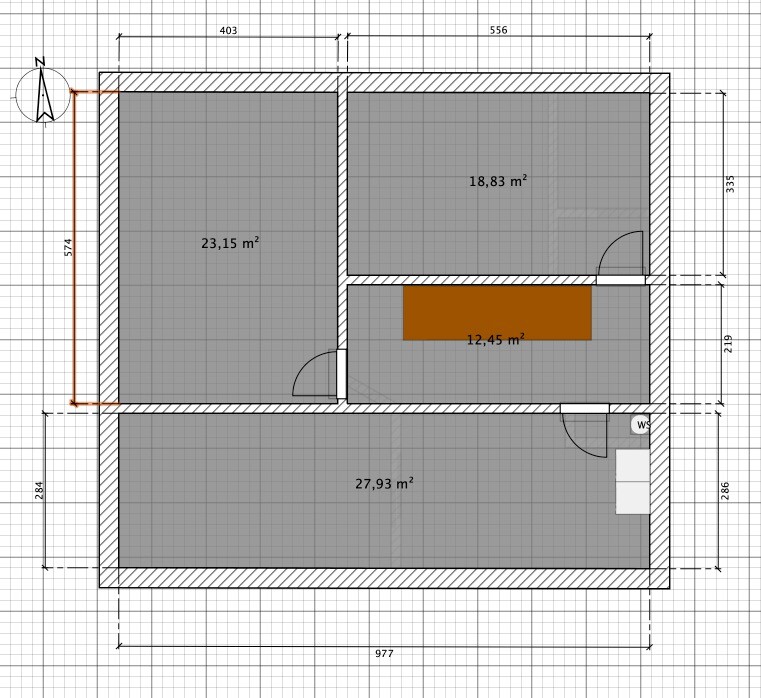Floor plan of a house with 4 rooms (23.15; 18.83; 12.45; 27.93 m² (249; 203; 134; 300 sq ft)), doors & dimensions.