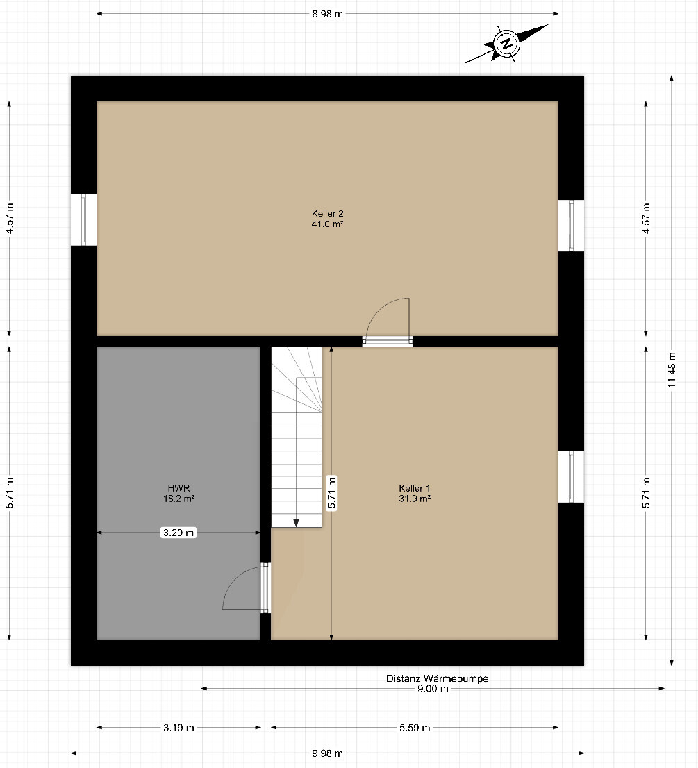 Basement floor plan: cellar 2 41 m² (441 sq ft), cellar 1 31.9 m² (343 sq ft), utility room 18.2 m² (196 sq ft), with stairs