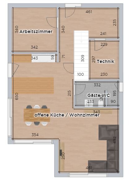 Floor plan of an apartment: study, open kitchen / living room, technical room, guest WC.