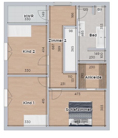 Floor plan of a residential house: bedroom, child 1, child 2, room 2, bathroom, walk-in closet, utility room.