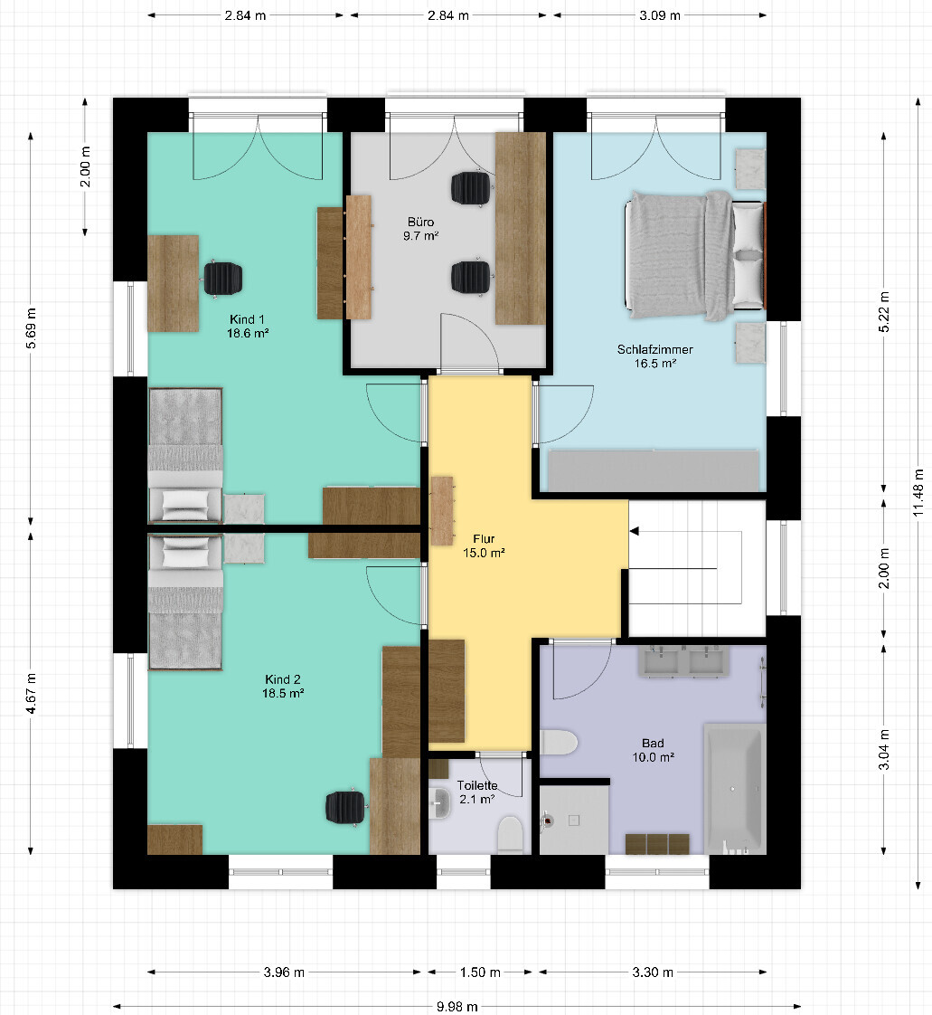 Grundriss eines Hauses: zwei Kinderzimmer, Büro, Schlafzimmer, Flur, Bad und Toilette, Möbel.