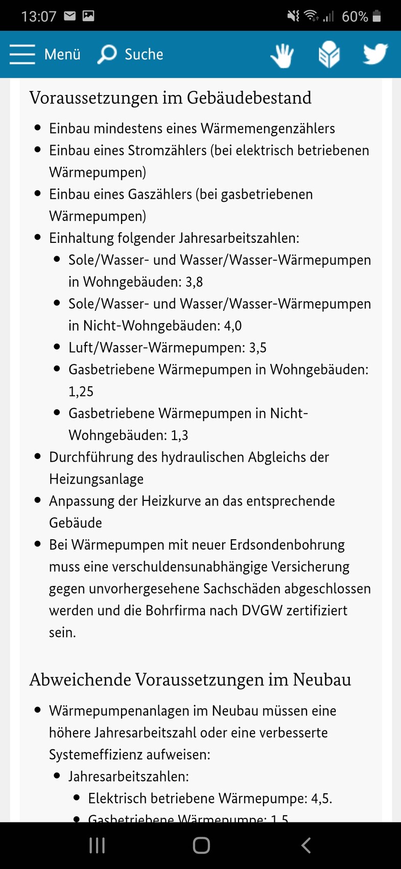 Screenshot einer Textliste: Voraussetzungen im Gebäudebestand für Heizungen und Neubau.