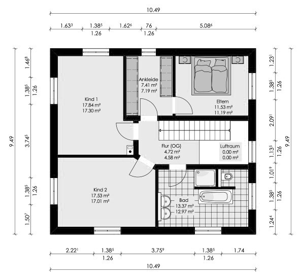 First floor plan with master bedroom, two children’s rooms, dressing room, hallway, and bathroom.