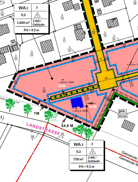 Bebauungsplan mit farbigen Bauflächen, Straßenverlauf, Grenzlinien und Beschriftungen.