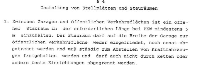 Dokumentseite mit §4 zur Gestaltung von Stellplätzen und Stauräumen, Absatz 1.
