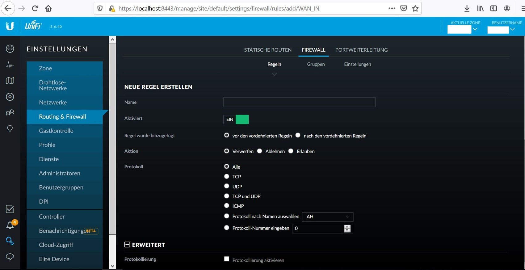UniFi firewall settings screen with new rule, left routing & firewall menu