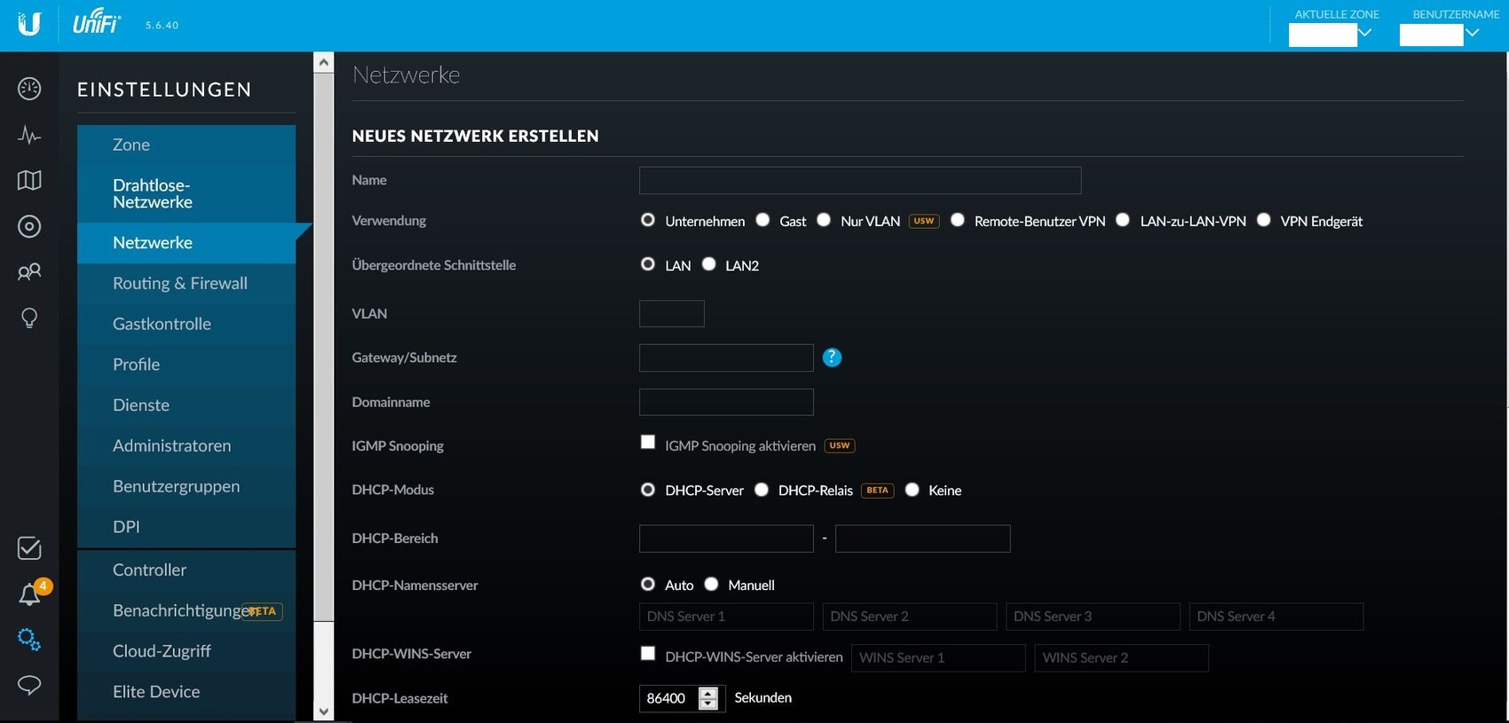 UniFi network settings screen with network creation form and menu