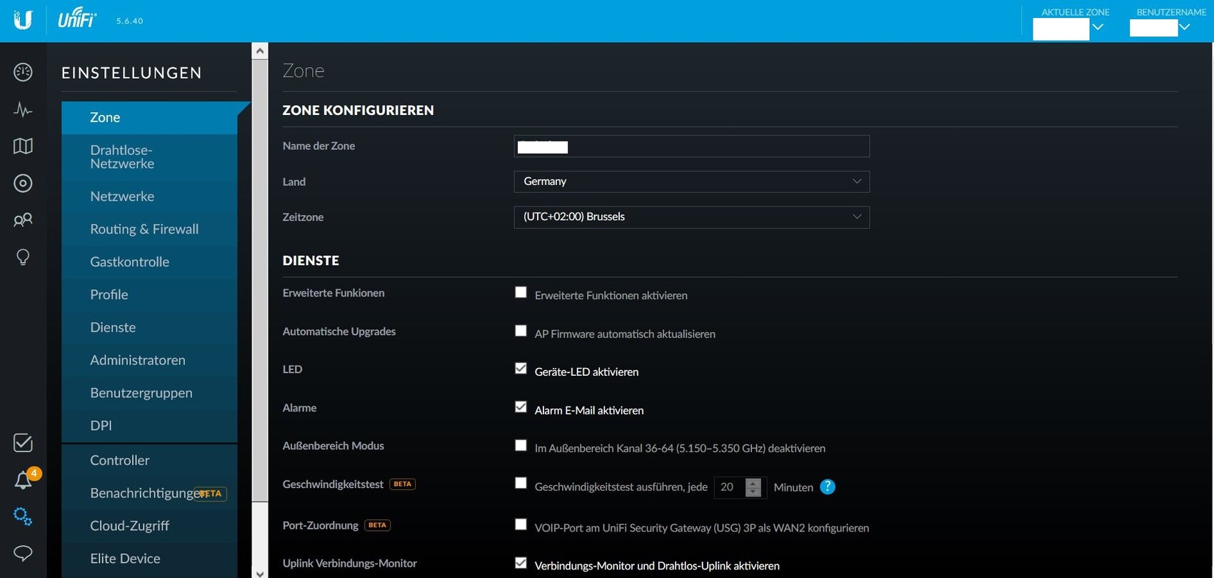 Screenshot of UniFi network zone settings with left sidebar
