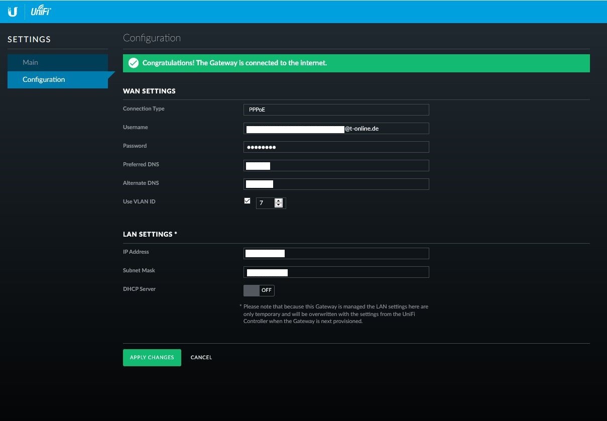 UniFi gateway configuration page with WAN and LAN settings