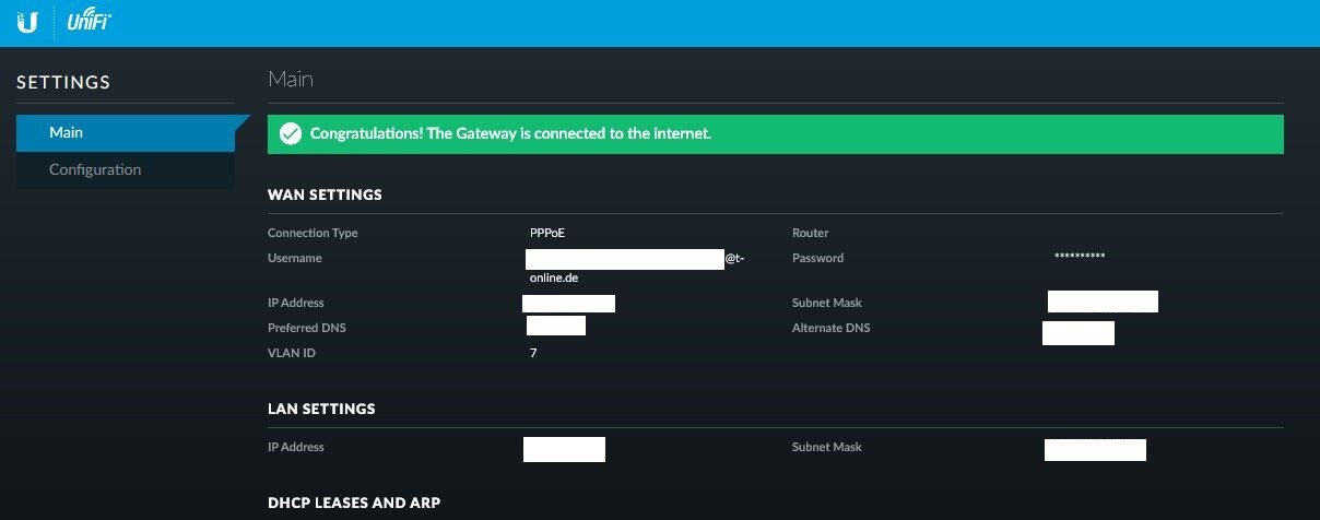 Screenshot of UniFi gateway settings with WAN and LAN configuration.