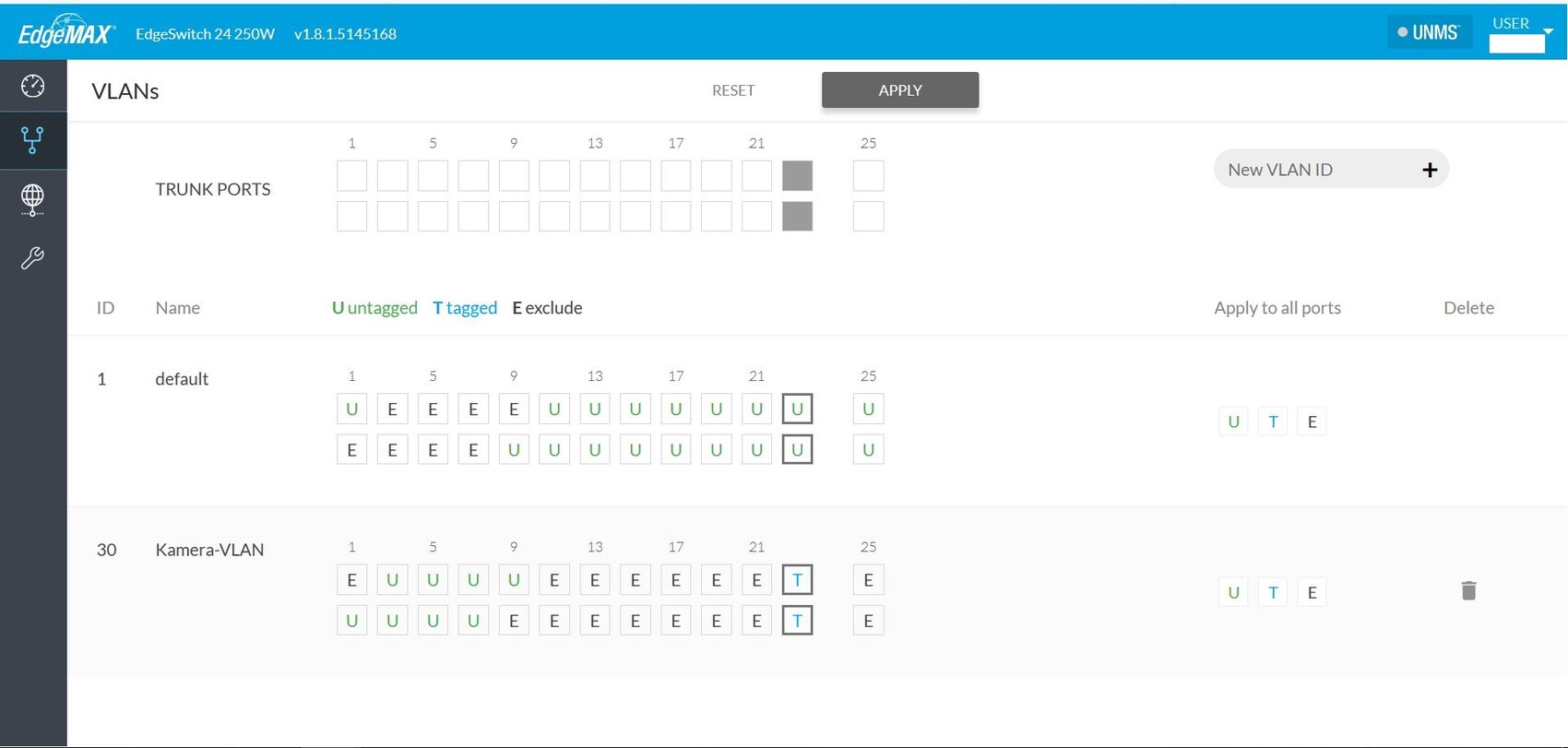 Screenshot of VLAN configuration with trunk ports in a network UI.