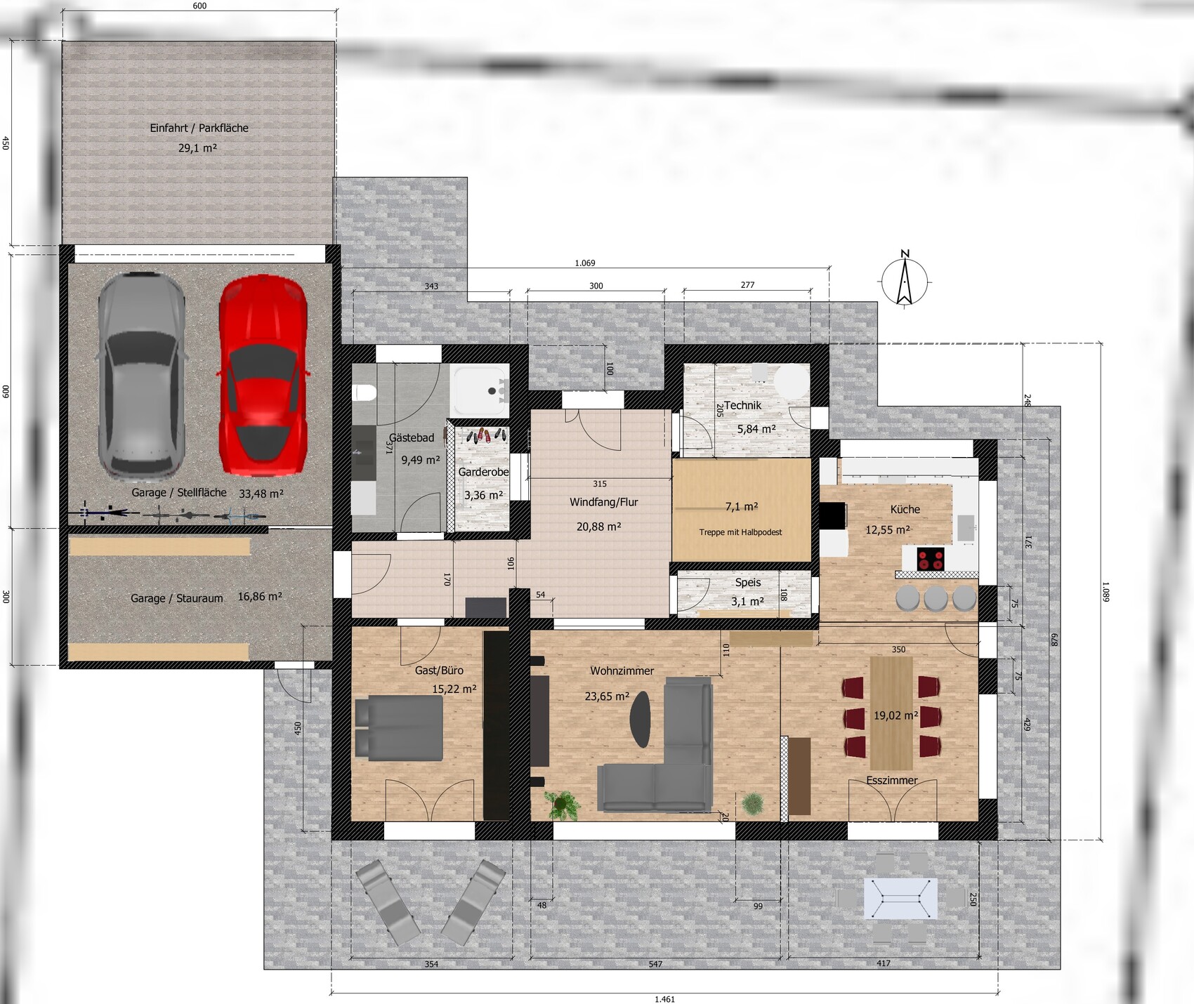 Floor plan of a house with garage, driveway, kitchen, living room, dining room, guest room, bathroom, technical room.