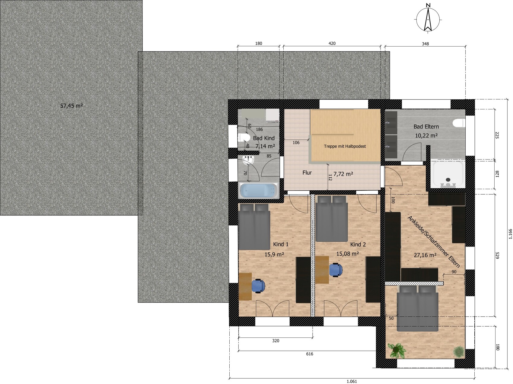 Upper floor plan with master bedroom, children’s rooms, bathrooms, hallway and stairs.