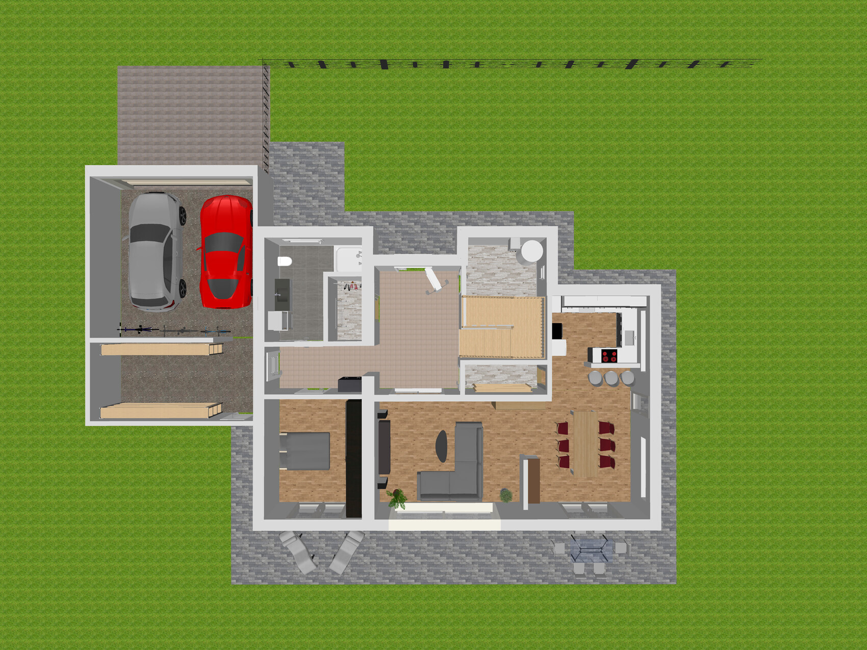 Top view floor plan of a house: garage with two cars, living room, kitchen, bedroom, bathroom.