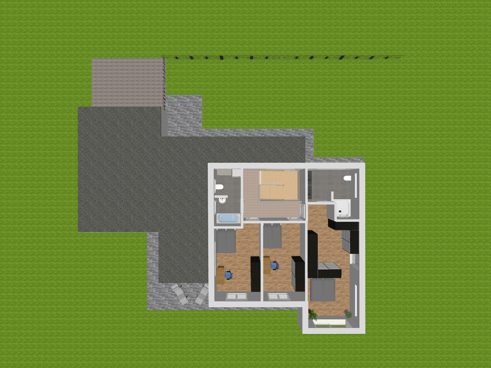 Top view floor plan of a single-family house with several rooms, bathroom, kitchen, living room, and garden area.