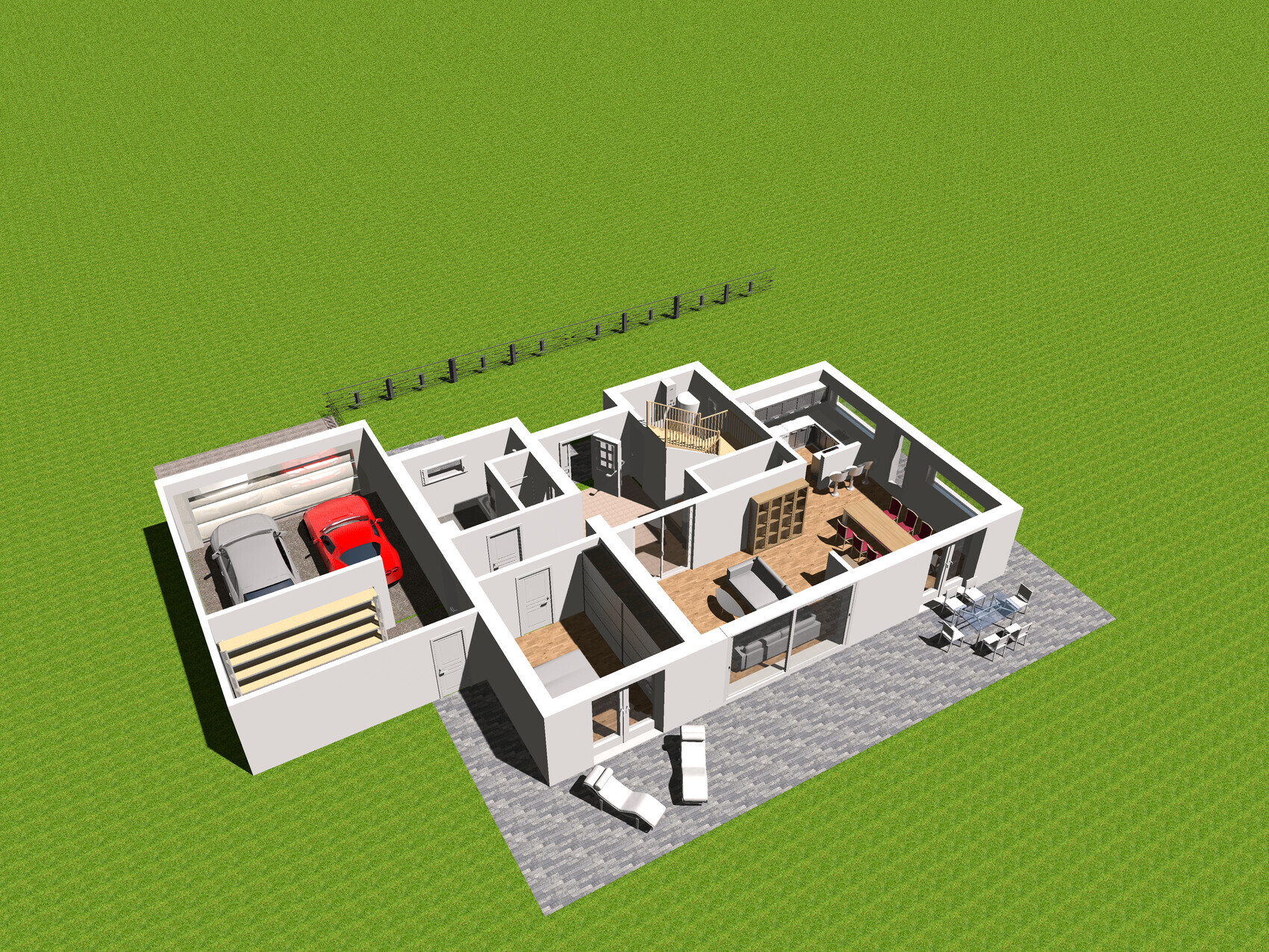 Isometric 3D house floor plan on lawn: garage with two cars, open living room, terrace.