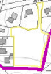 Site plan of a plot of land with yellow and purple outlines and building traces