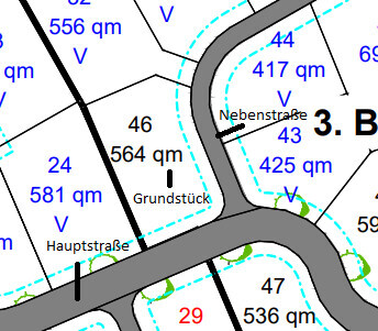 Lageplan eines Baugrundstuecks mit Parzellen und Strassen und Grenzlinien