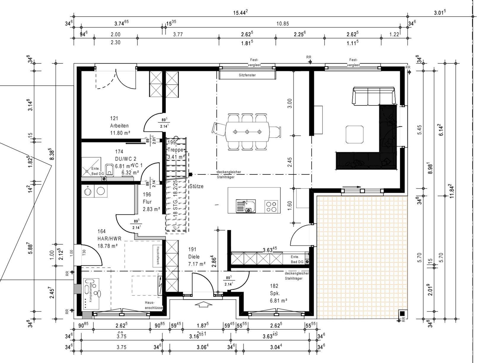 Grundriss eines Hauses: Wohnzimmer mit Esstisch, Küche, Arbeitszimmer, Bad, Flur, HAR/HWR, Terrasse.