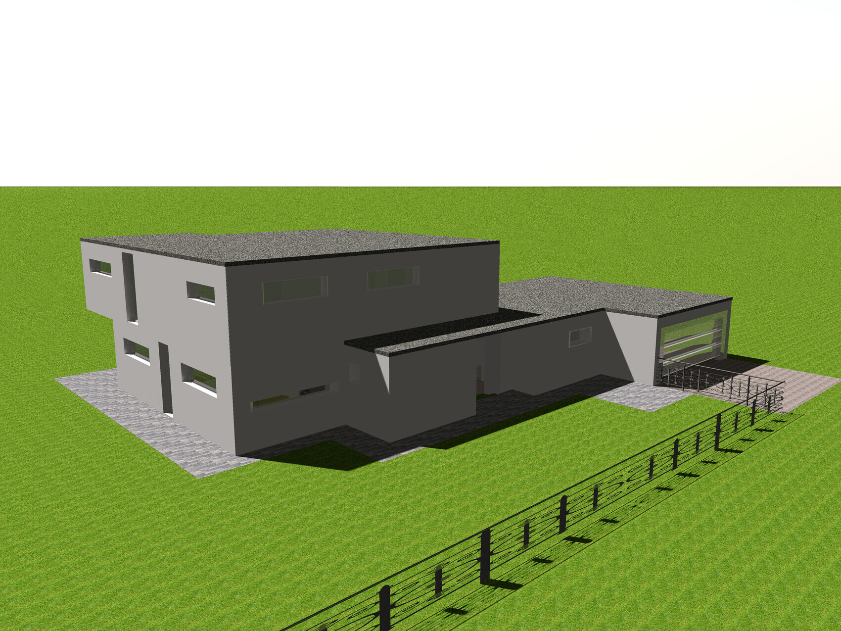 Modern villa with flat roofs, gray facade, driveway, garage, and fence on green lawn.